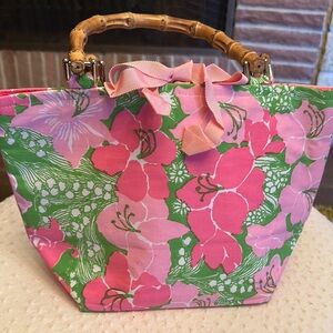 Floral Pink and Green Tote Bag with Bamboo Handles